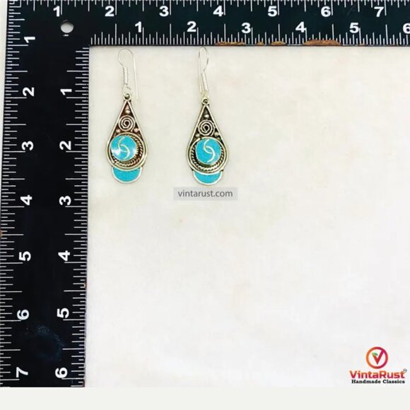 Turquoise Nepalese Earrings, Handmade Boho Gypsy Drop Earrings, Boho Festival - Picture 4 of 4